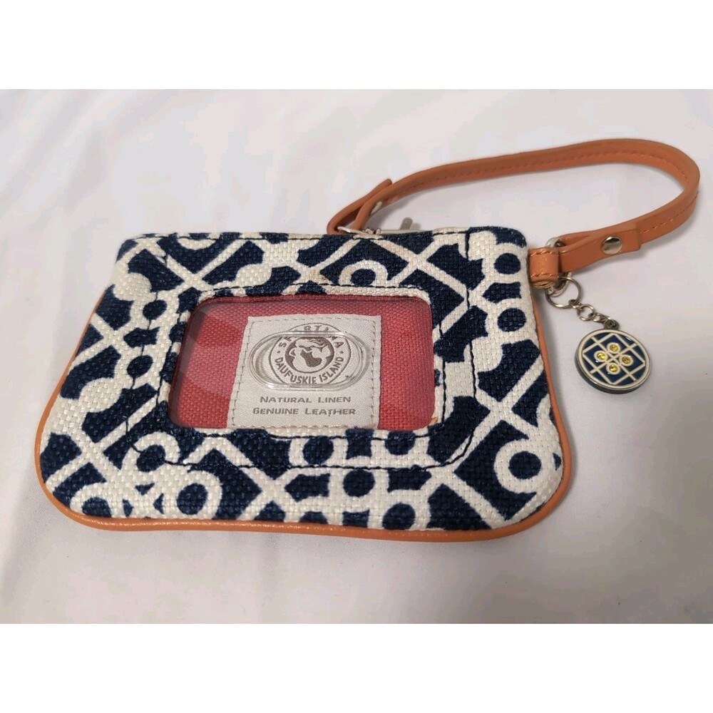 SPARTINA  WRISTLET NAVY & IVORY LEATHER & LINEN COIN /LIPSTICK/PURSE  EUC